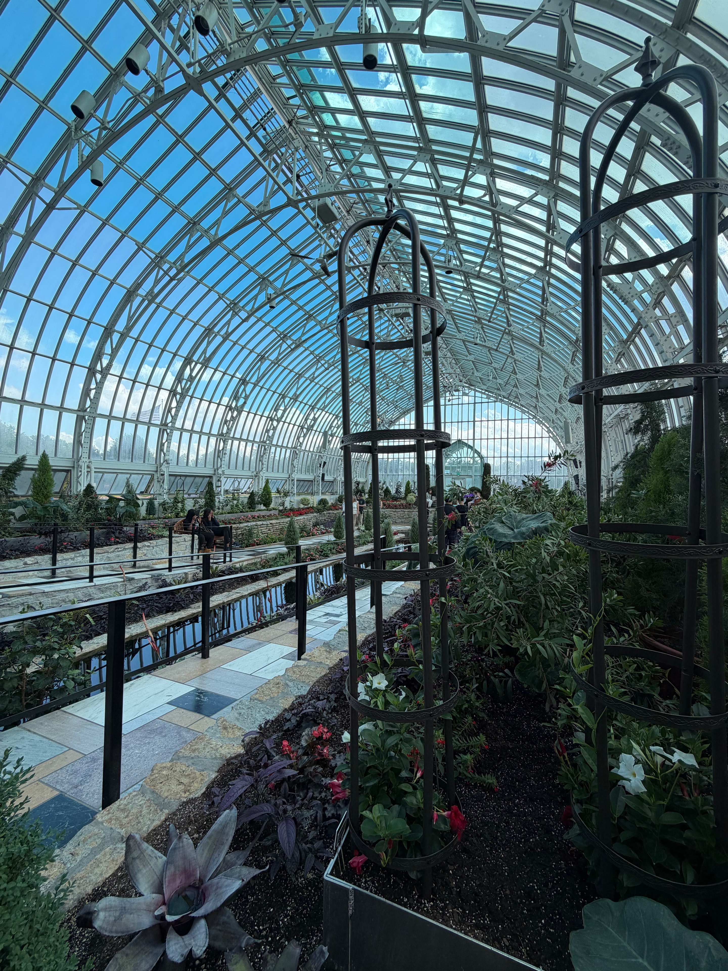 Interior of the Como Park Conservatory, arching Victorian iron and glass dome overhead, tropical plants and flowers filling the space below
