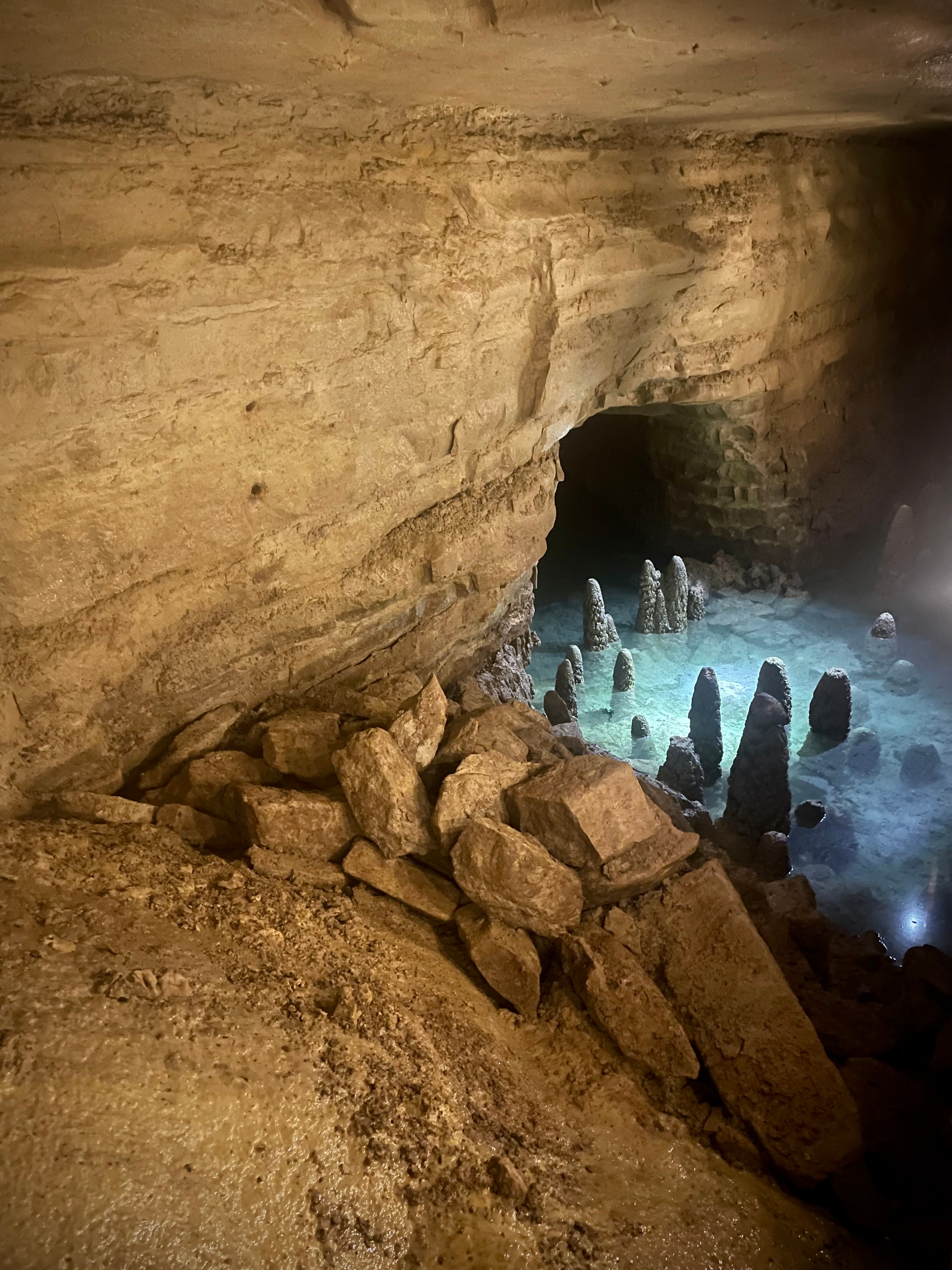Ancient stalagmites rising from a luminous underground cave pool
